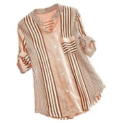 Savings Clearance 2025! asdoklhq Long Sleeve T Shirts for Women,Women Plus Size Three Quarter Striped Print V-Neck Loose Fit Top T-Shirt Blouse
